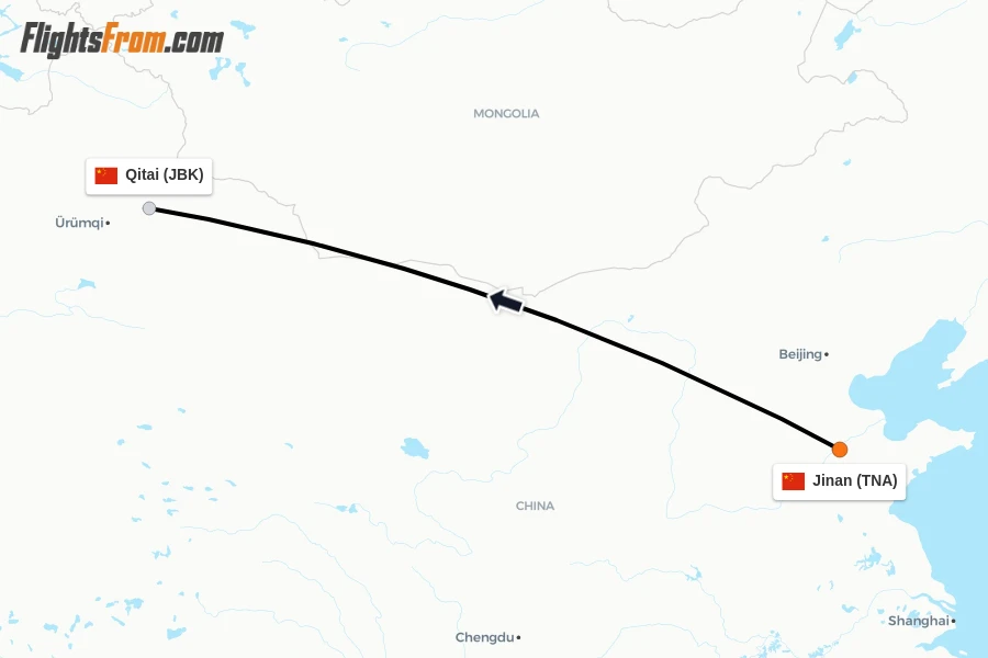 Flights from Jinan to Qitai route map
