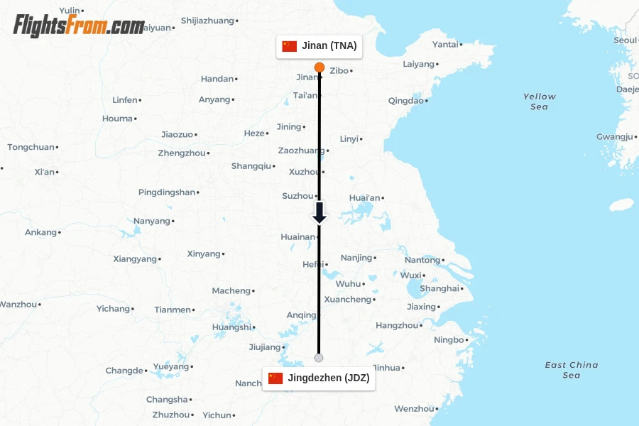 Flights from Jinan to Jingdezhen route map