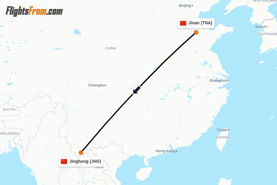 Flights from Jinan to Jinghong route map