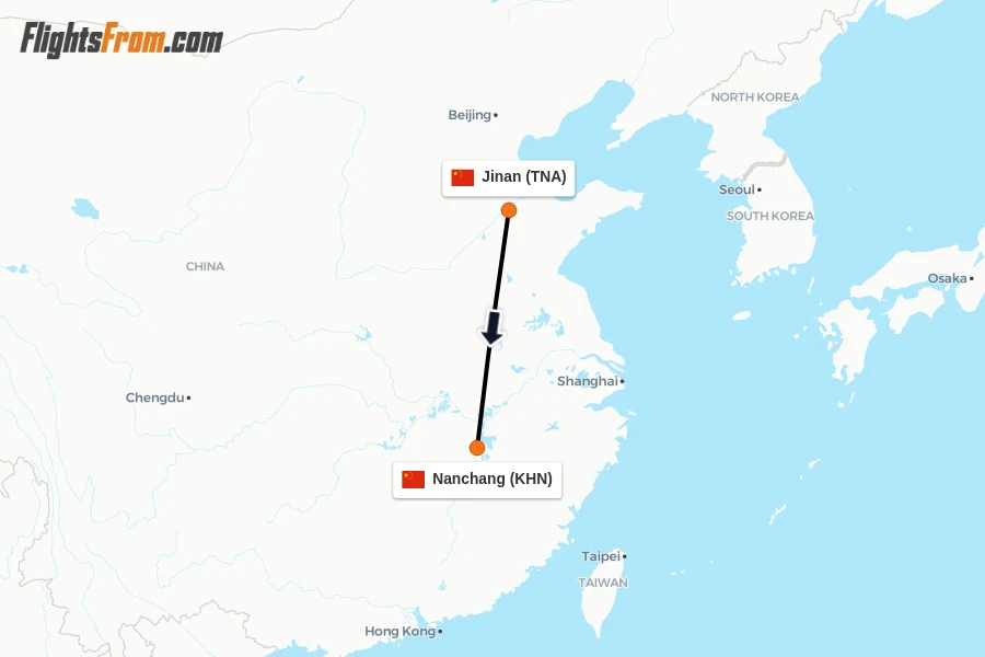 Flights from Jinan to Nanchang route map