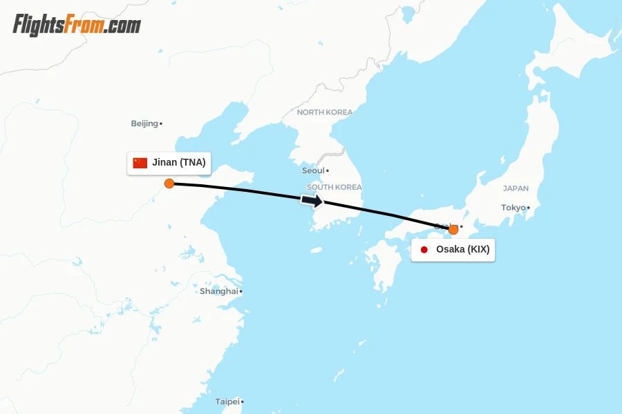 Flights from Jinan to Osaka route map