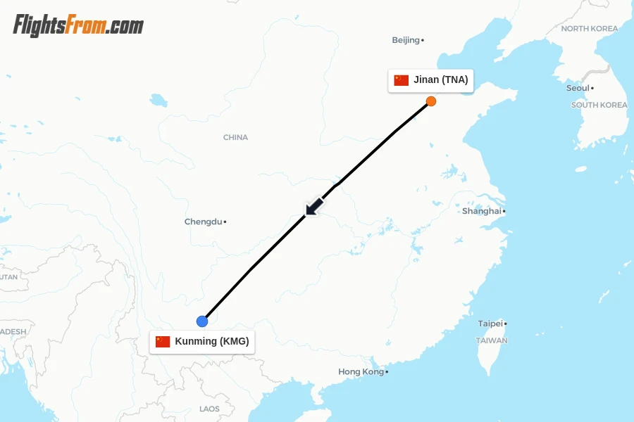 Flights from Jinan to Kunming route map
