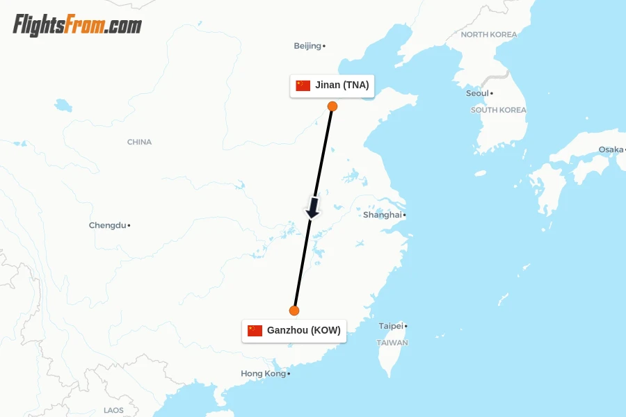 Flights from Jinan to Ganzhou route map