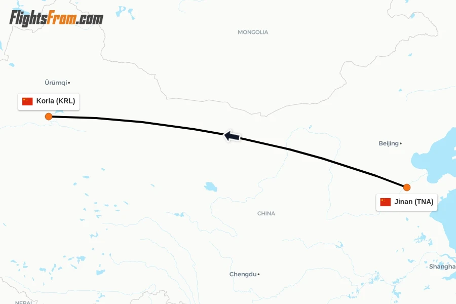 Flights from Jinan to Korla route map