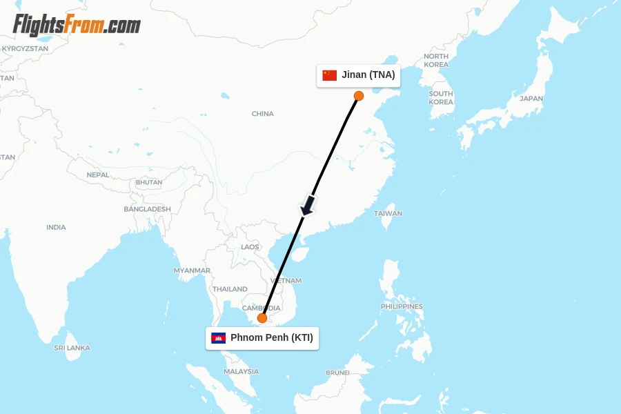 Flights from Jinan to Phnom Penh route map