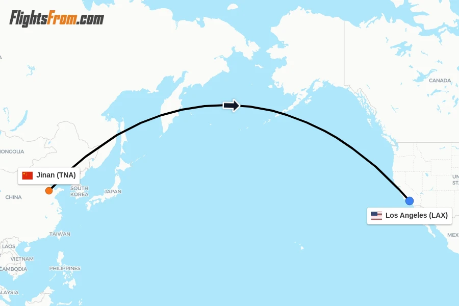 Flights from Jinan to Los Angeles route map