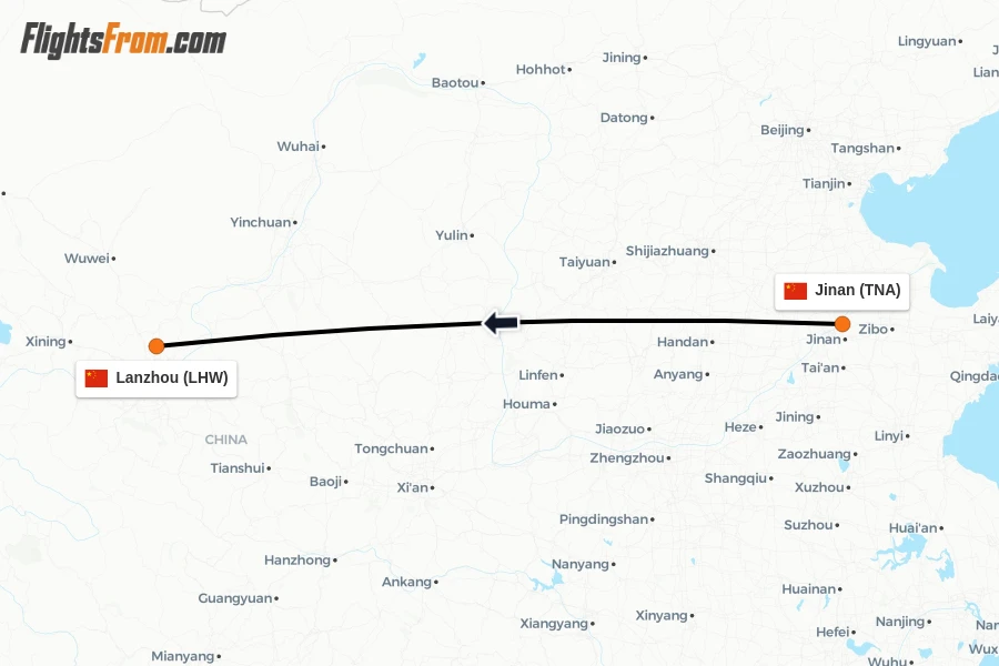 Flights from Jinan to Lanzhou route map