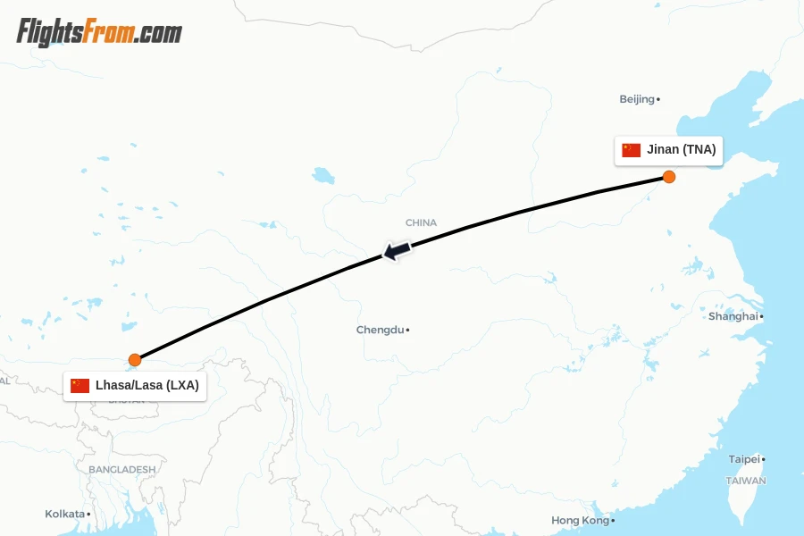 Flights from Jinan to Lhasa/Lasa route map