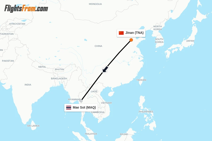 Flights from Jinan to Mae Sot route map