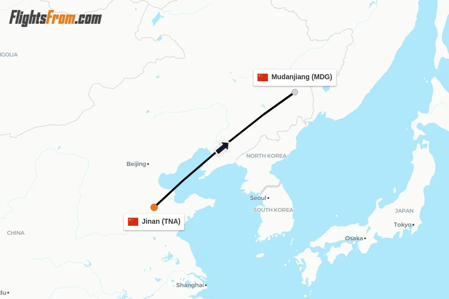 Flights from Jinan to Mudanjiang route map