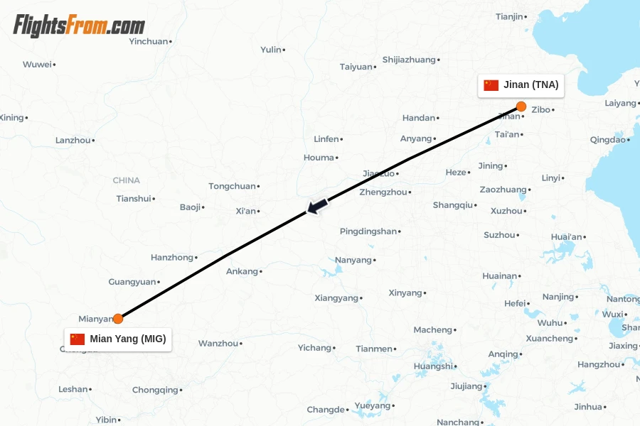Flights from Jinan to Mian Yang route map
