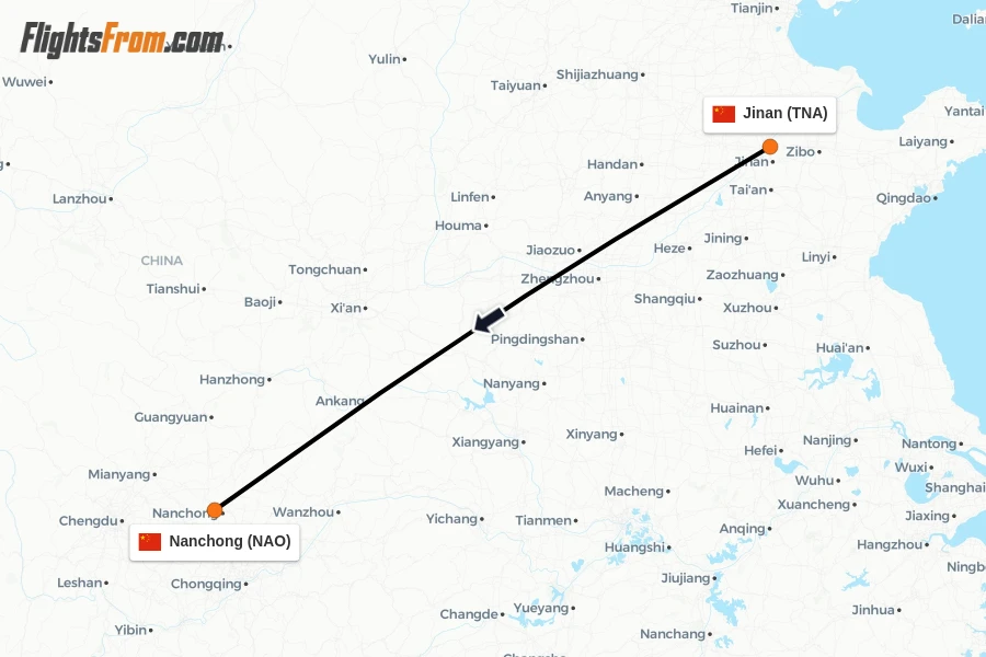 Flights from Jinan to Nanchong route map