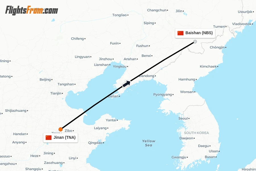 Flights from Jinan to Baishan route map