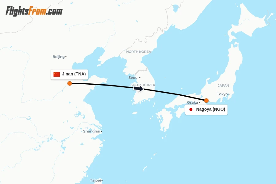 Flights from Jinan to Nagoya route map