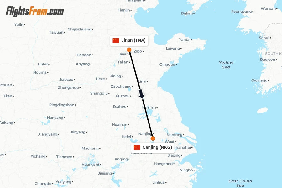 Flights from Jinan to Nanjing route map