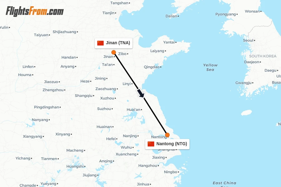 Flights from Jinan to Nantong route map
