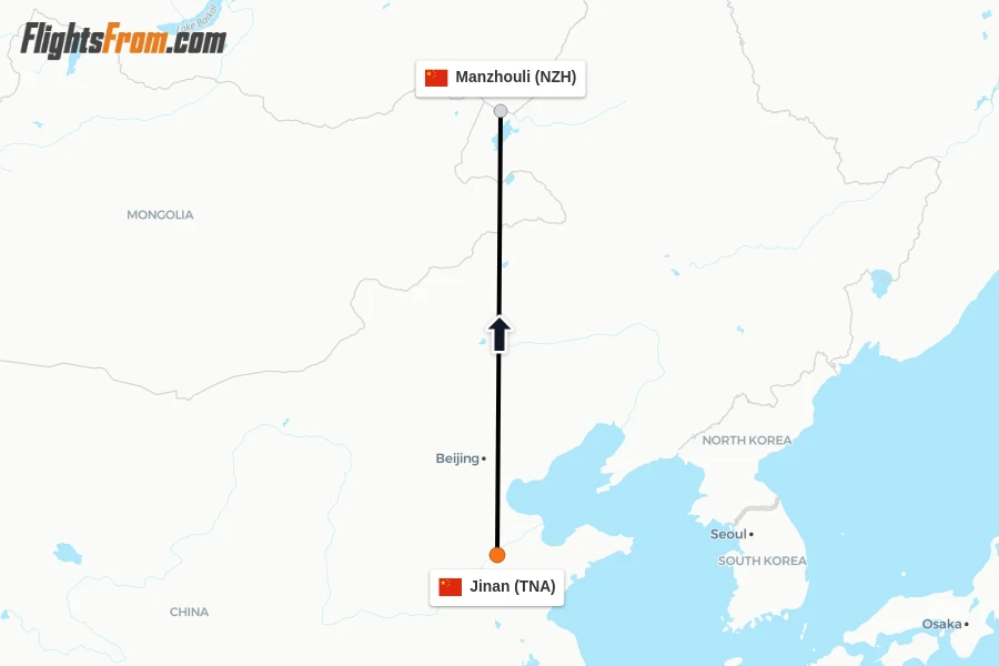 Flights from Jinan to Manzhouli route map