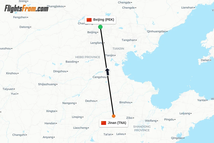 Flights from Jinan to Beijing route map
