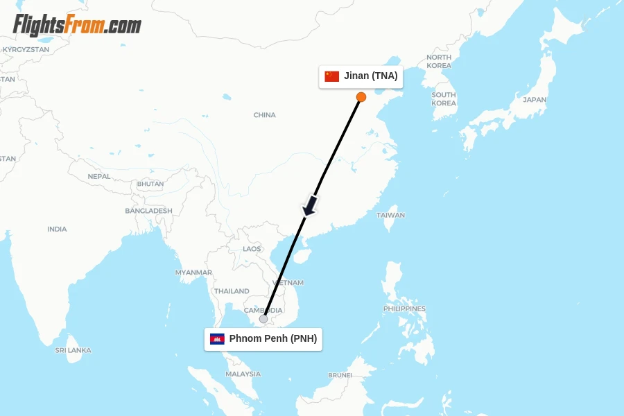 Flights from Jinan to Phnom Penh route map