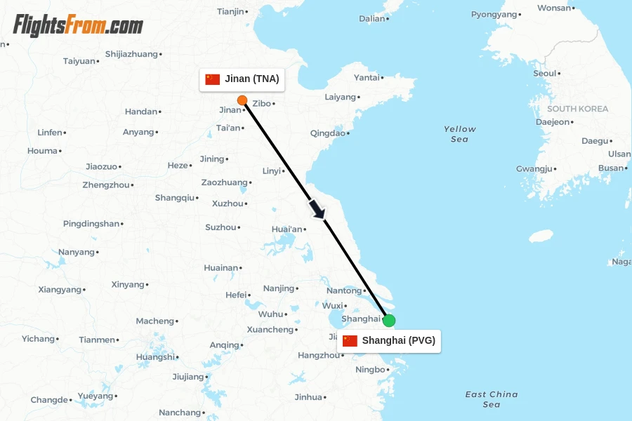 Flights from Jinan to Shanghai route map