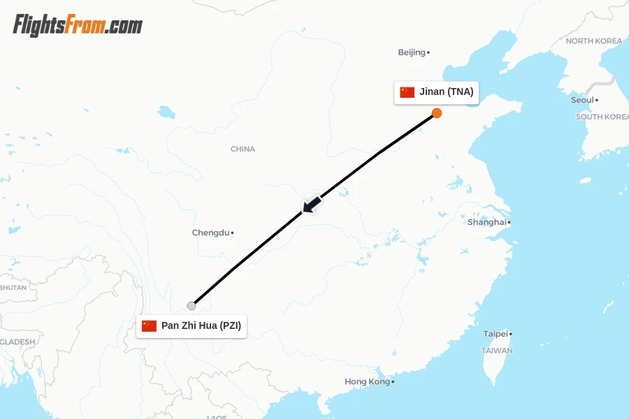 Flights from Jinan to Pan Zhi Hua route map