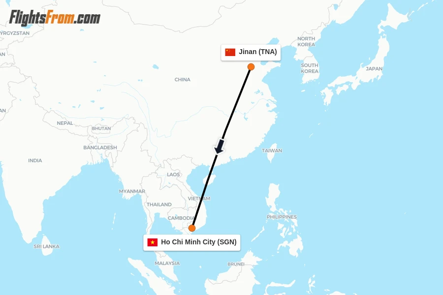Flights from Jinan to Ho Chi Minh City route map