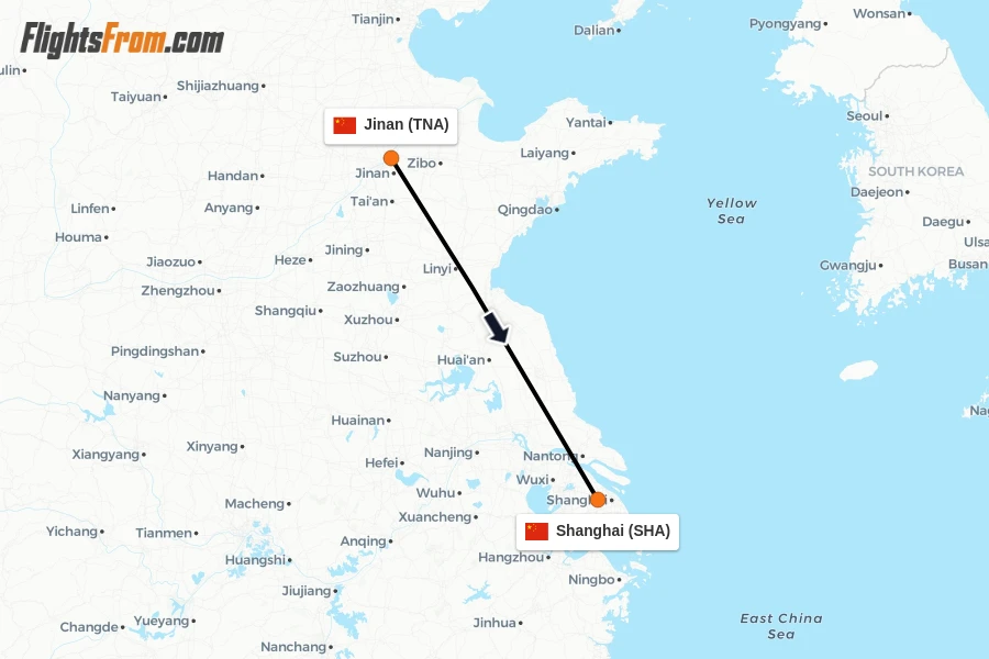 Flights from Jinan to Shanghai route map