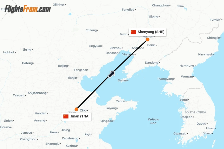 Flights from Jinan to Shenyang route map