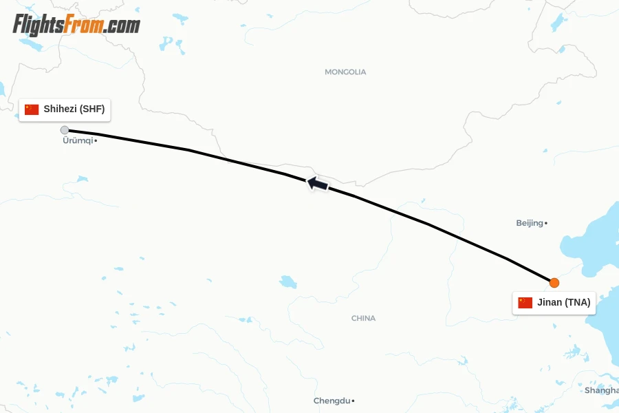 Flights from Jinan to Shihezi route map