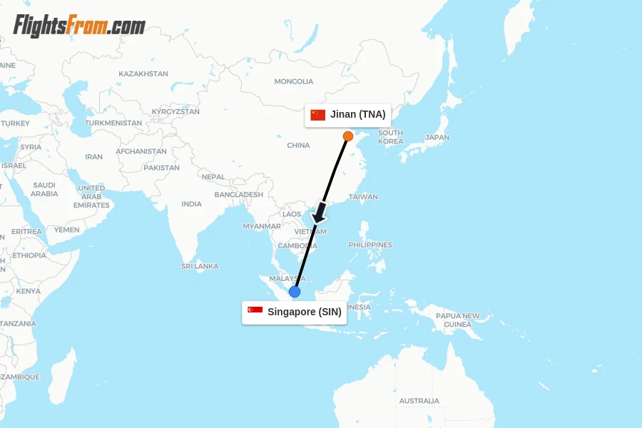 Flights from Jinan to Singapore route map