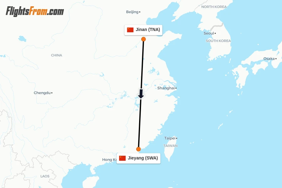 Flights from Jinan to Jieyang route map