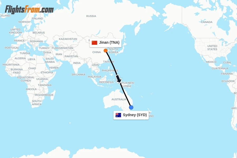 Flights from Jinan to Sydney route map