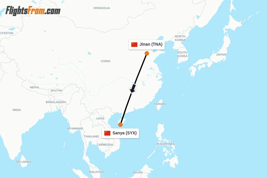 Flights from Jinan to Sanya route map
