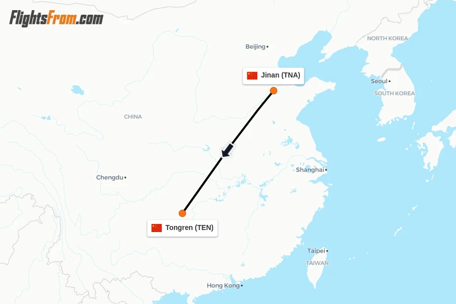 Flights from Jinan to Tongren route map