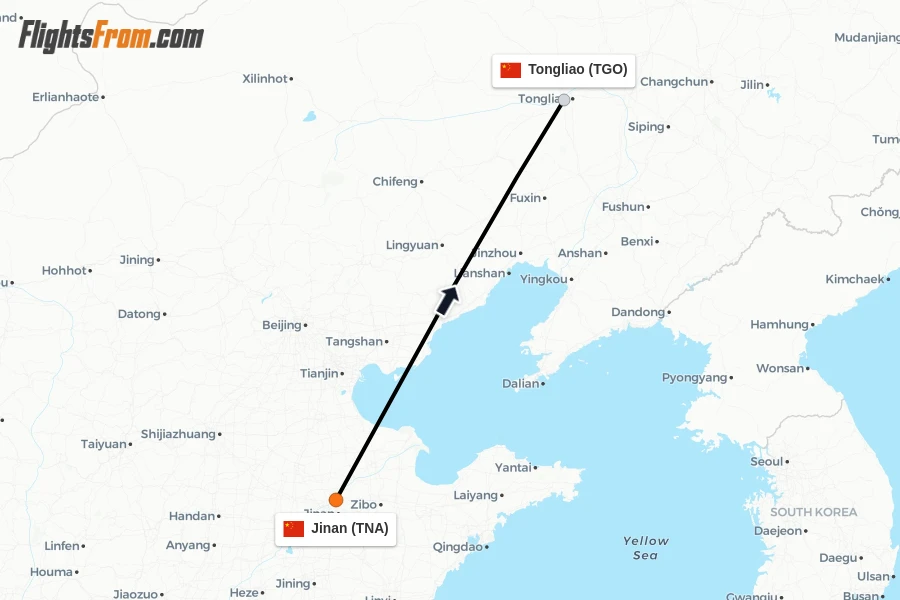 Flights from Jinan to Tongliao route map