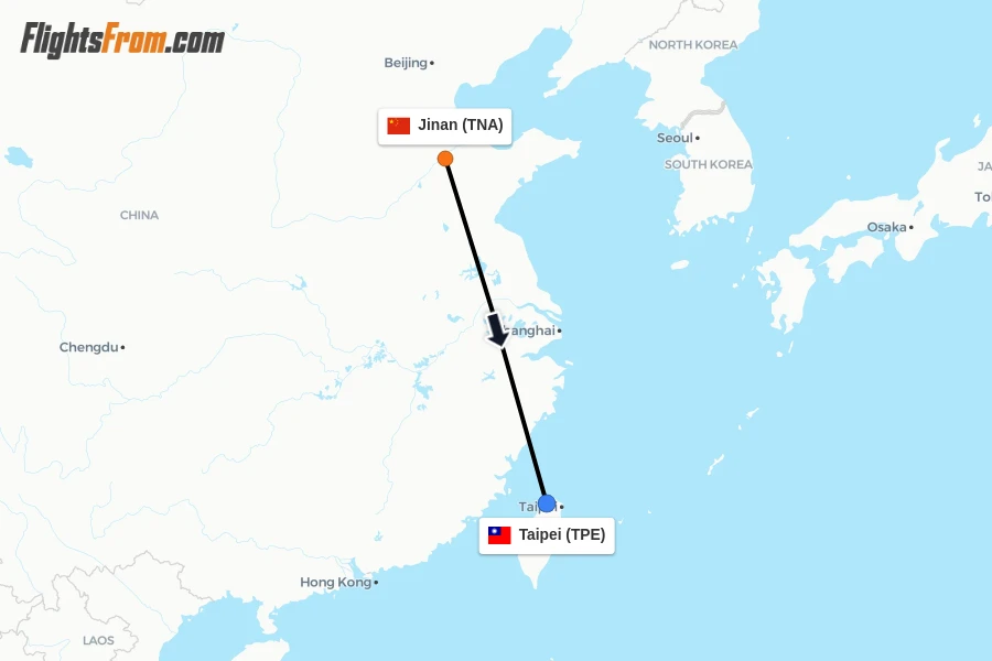 Flights from Jinan to Taipei route map