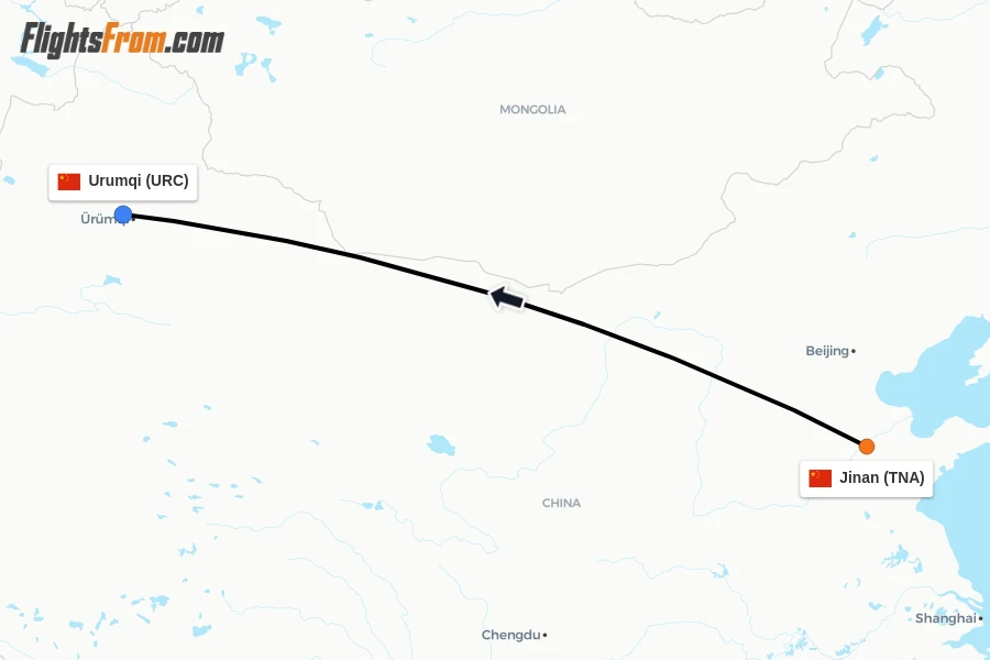 Flights from Jinan to Urumqi route map