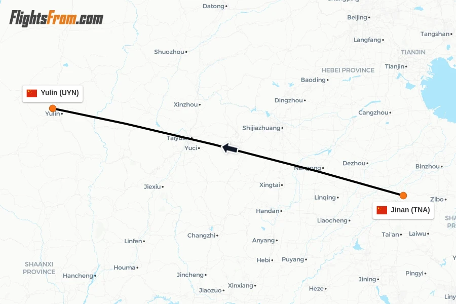 Flights from Jinan to Yulin route map