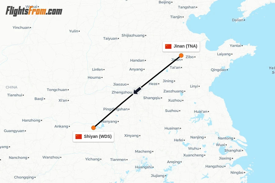 Flights from Jinan to Shiyan route map