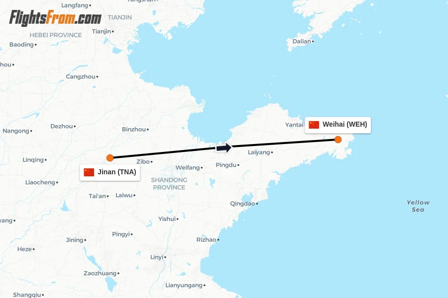 Flights from Jinan to Weihai route map