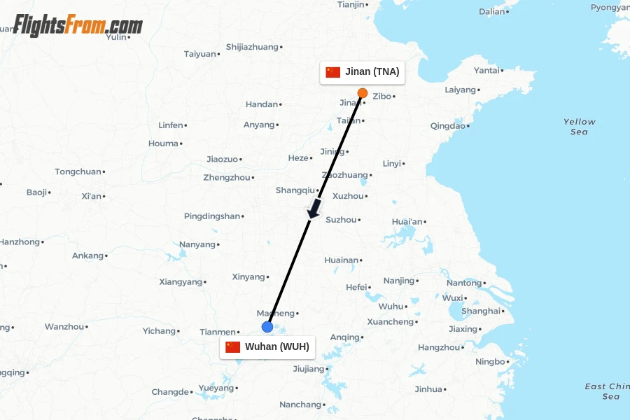 Flights from Jinan to Wuhan route map