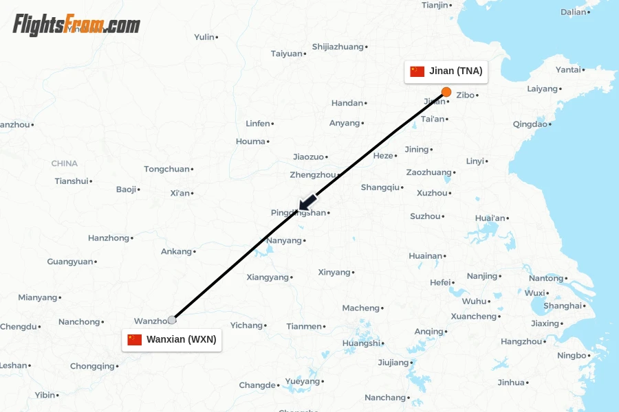 Flights from Jinan to Wanxian route map