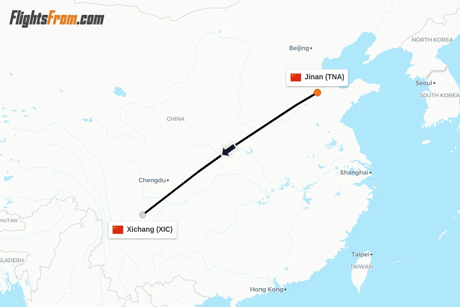 Flights from Jinan to Xichang route map