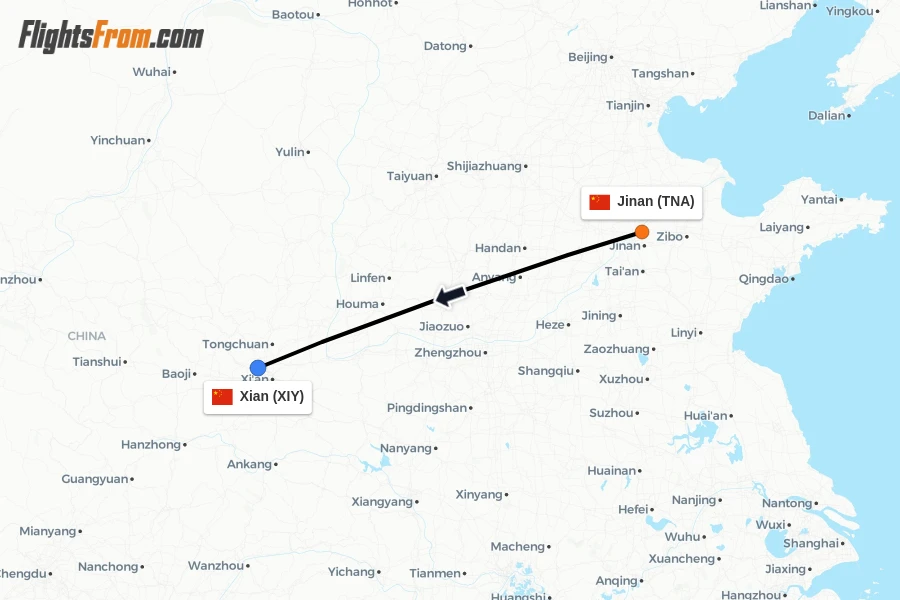 Flights from Jinan to Xian route map