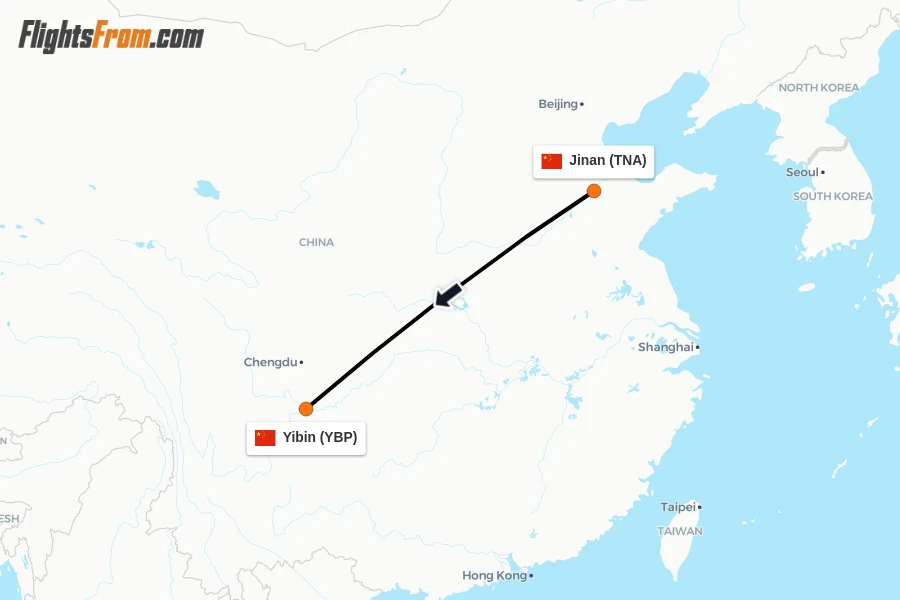 Flights from Jinan to Yibin route map
