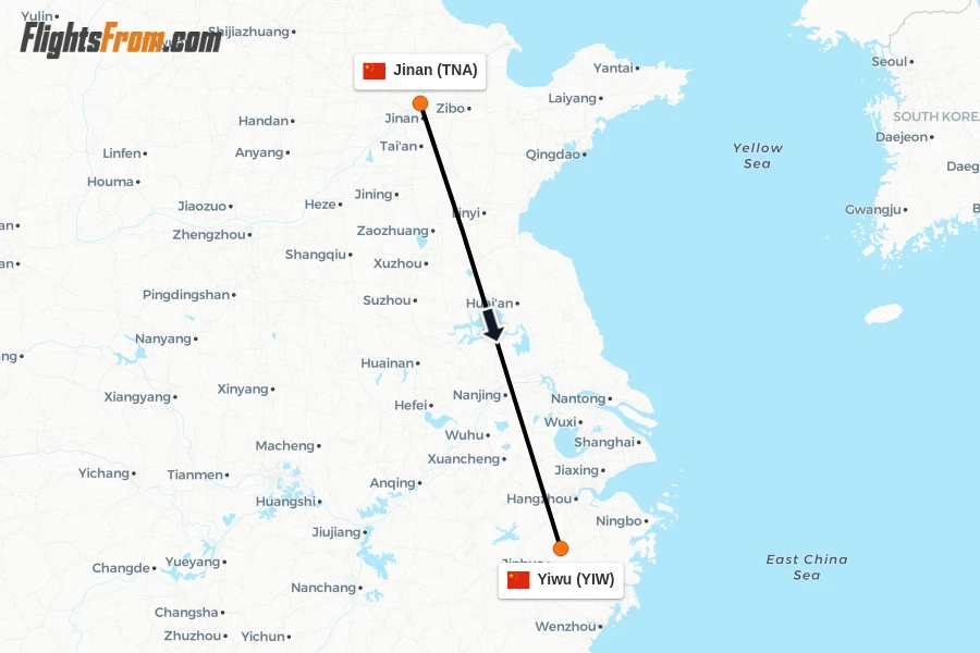 Flights from Jinan to Yiwu route map