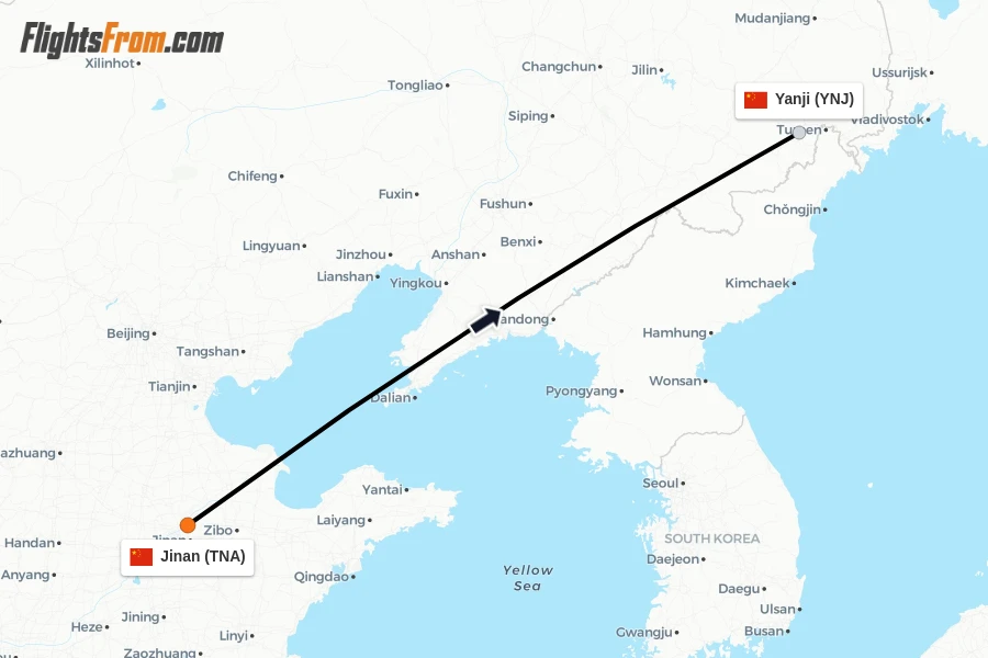 Flights from Jinan to Yanji route map