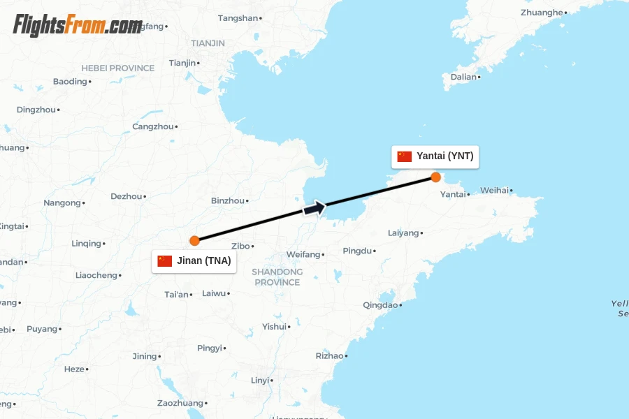 Flights from Jinan to Yantai route map