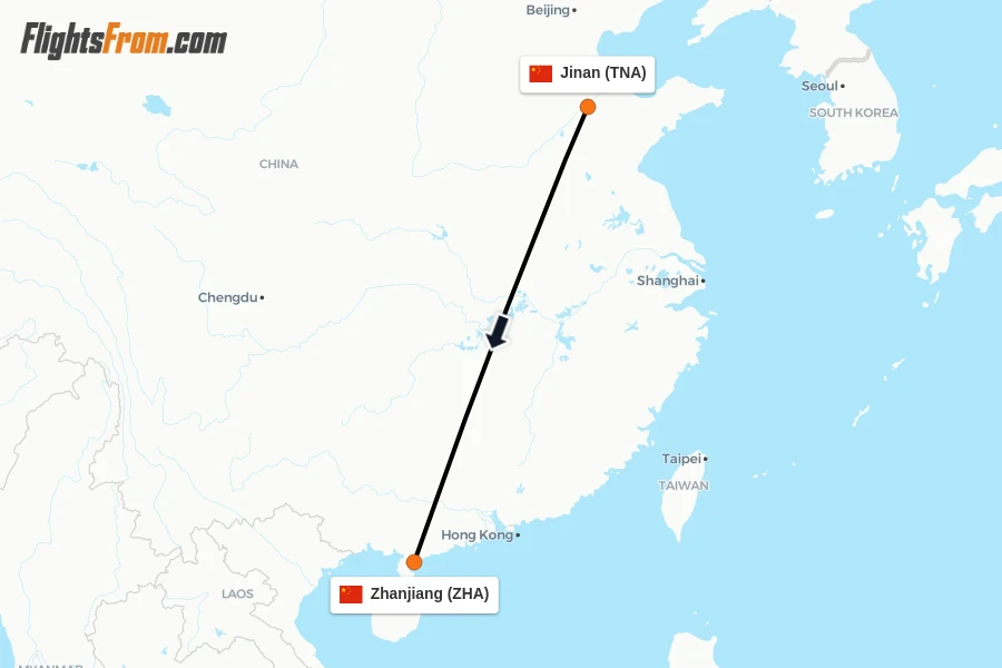 Flights from Jinan to Zhanjiang route map