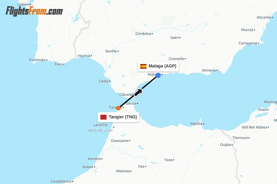 Flights from Tangier to Malaga route map